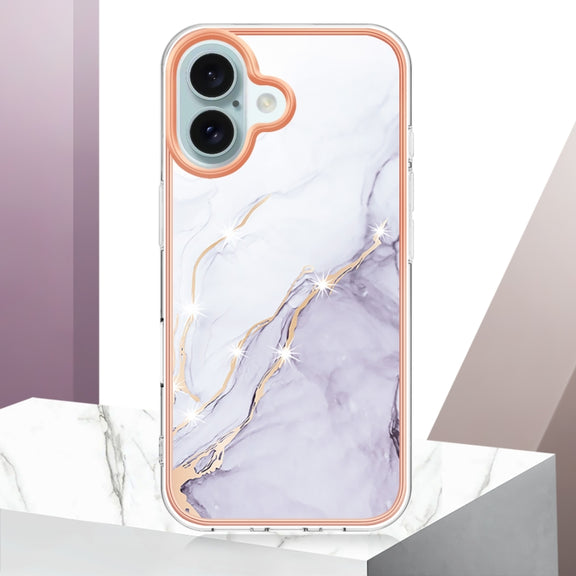 For iPhone 16 Electroplating Marble Pattern Dual-side IMD TPU Shockproof Phone Case (White 006)