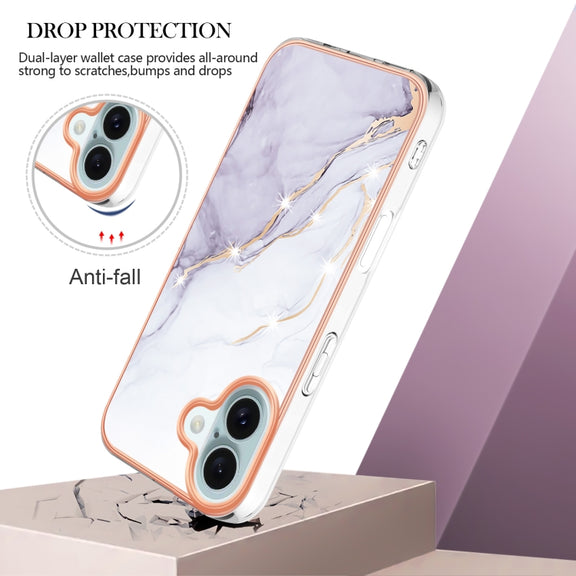 For iPhone 16 Electroplating Marble Pattern Dual-side IMD TPU Shockproof Phone Case (White 006)