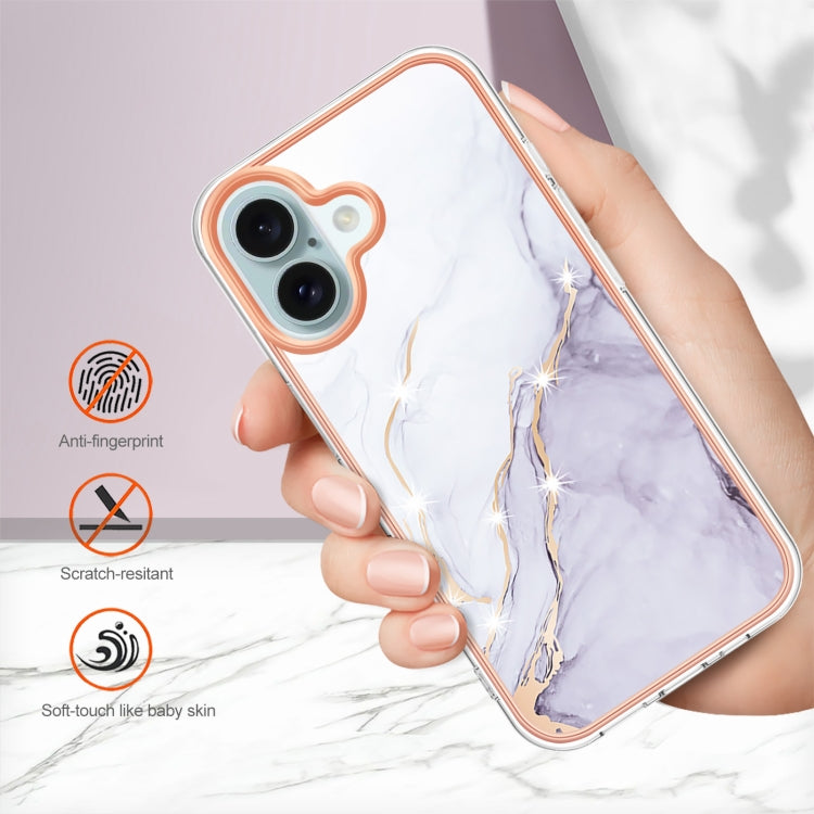 For iPhone 16 Electroplating Marble Pattern Dual-side IMD TPU Shockproof Phone Case (White 006)