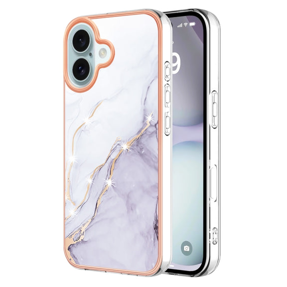 For iPhone 16 Electroplating Marble Pattern Dual-side IMD TPU Shockproof Phone Case (White 006)