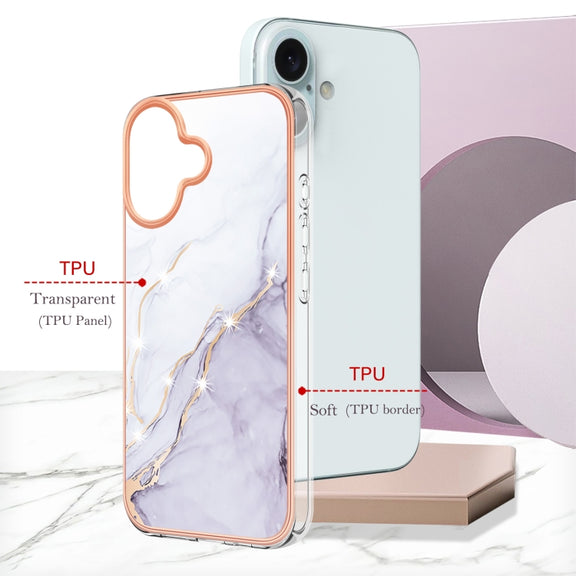 For iPhone 16 Electroplating Marble Pattern Dual-side IMD TPU Shockproof Phone Case (White 006)