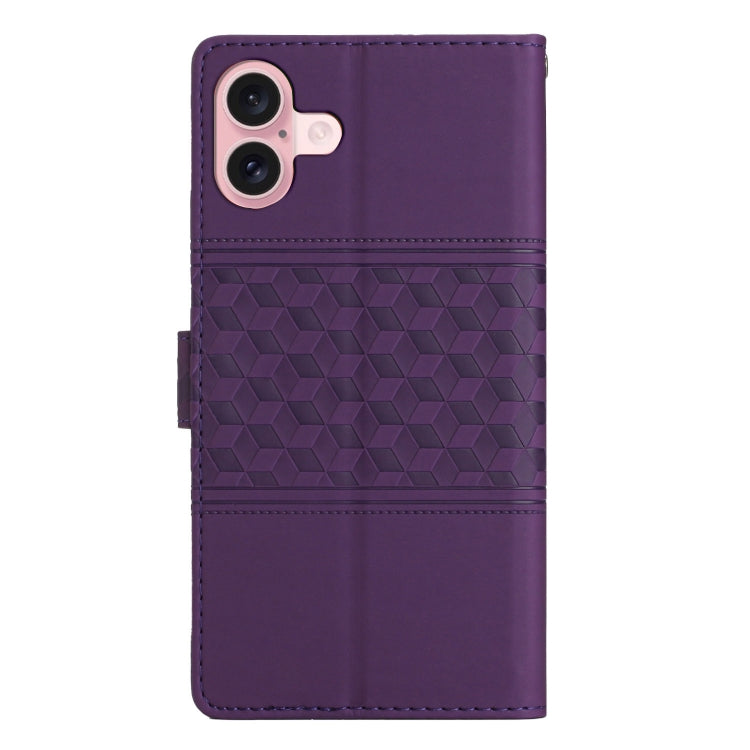 For iPhone 16 Diamond Embossed Skin Feel Leather Phone Case(Purple)