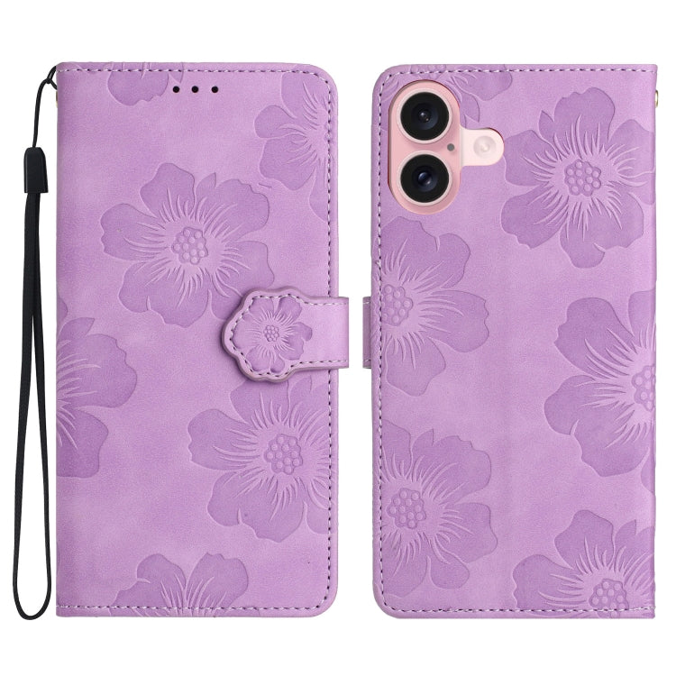 For iPhone 16 Flower Embossing Pattern Leather Phone Case(Purple)