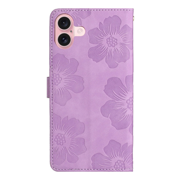 For iPhone 16 Flower Embossing Pattern Leather Phone Case(Purple)