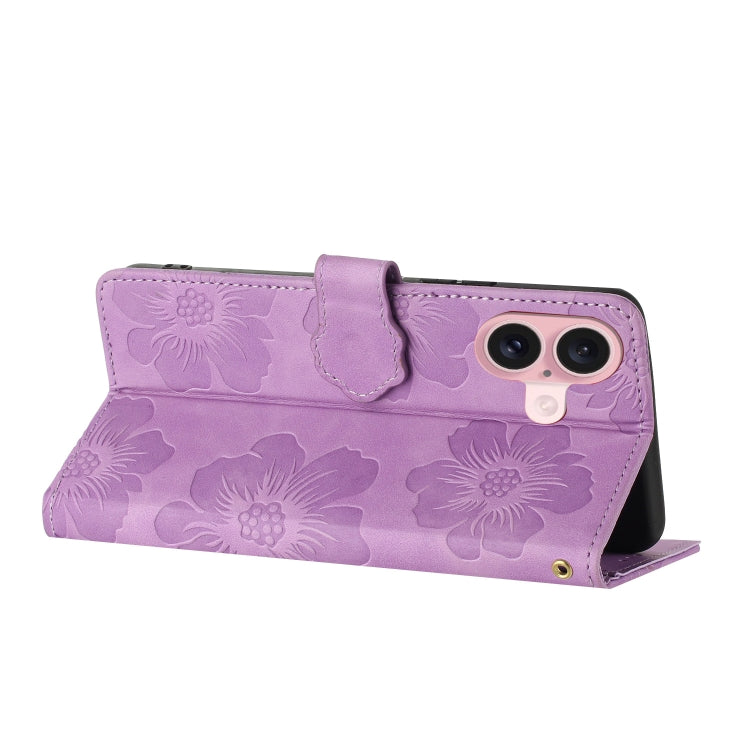 For iPhone 16 Flower Embossing Pattern Leather Phone Case(Purple)