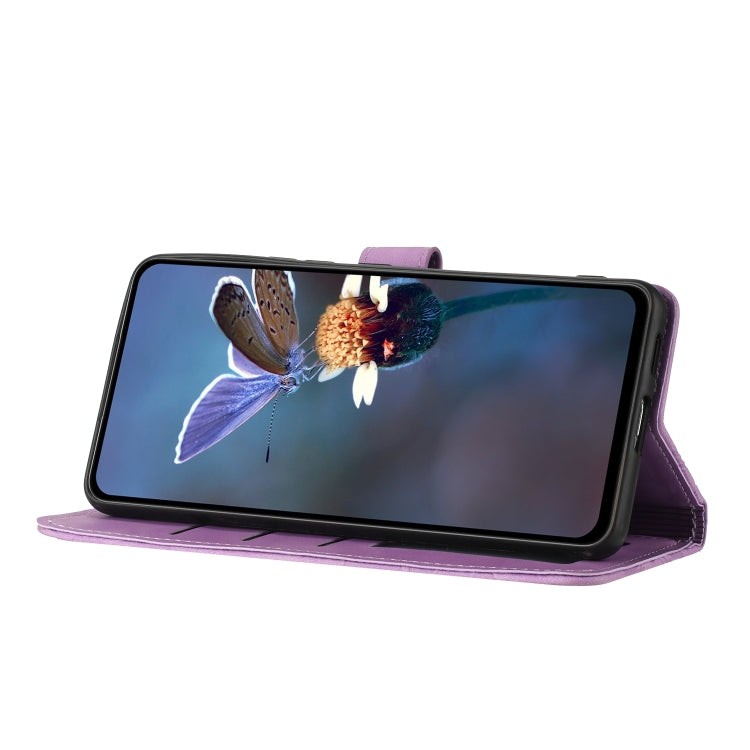 For iPhone 16 Flower Embossing Pattern Leather Phone Case(Purple)