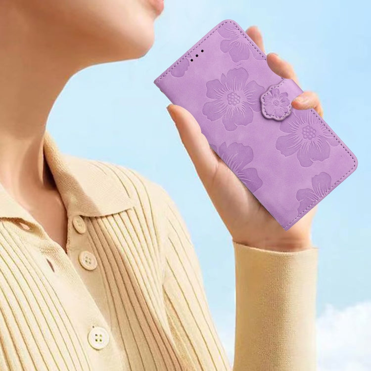 For iPhone 16 Flower Embossing Pattern Leather Phone Case(Purple)