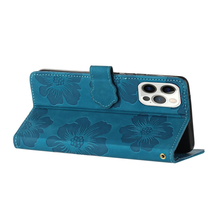 For iPhone 16 Pro Flower Embossing Pattern Leather Phone Case(Blue)