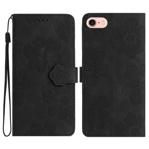 For iPhone 16e Flower Embossing Pattern Leather Phone Case(Black)