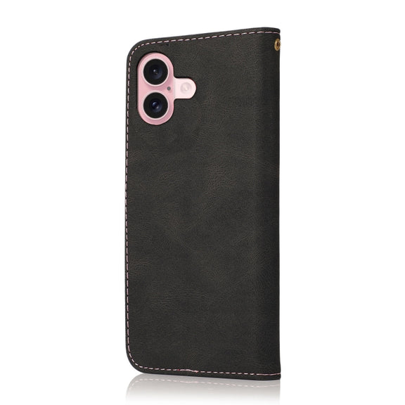 For iPhone 16 Dual-color Stitching Leather Phone Case(Black Rose Gold)