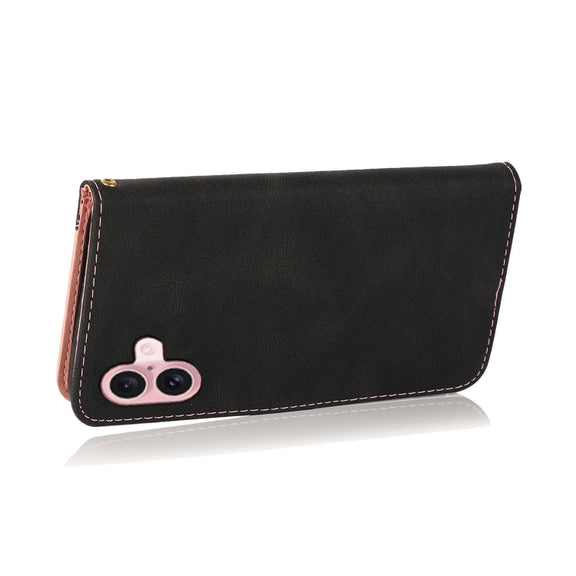 For iPhone 16 Dual-color Stitching Leather Phone Case(Black Rose Gold)