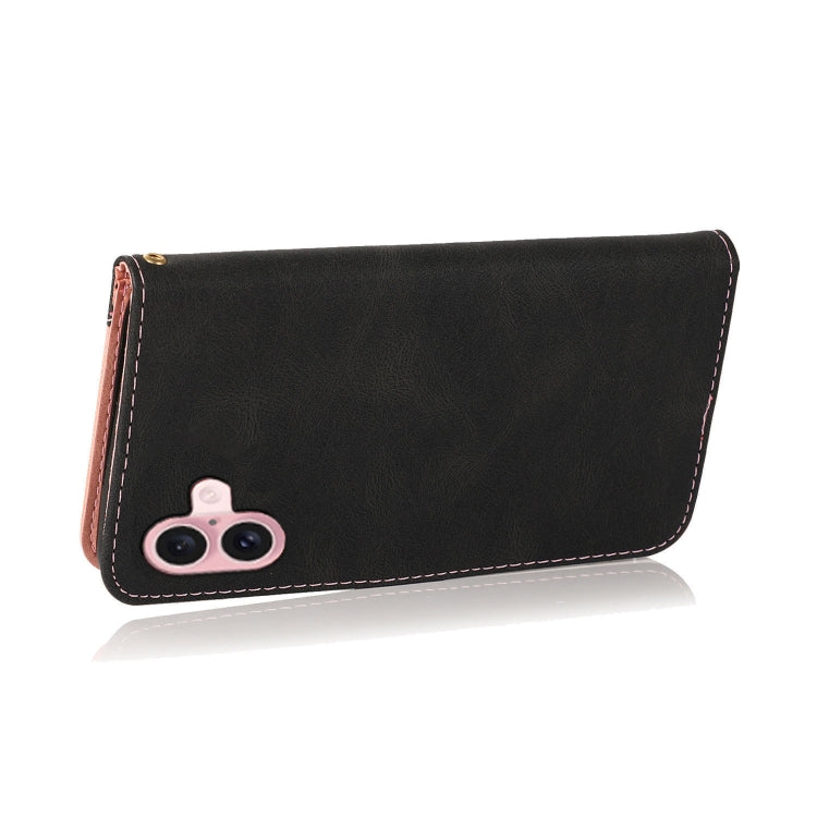 For iPhone 16 Dual-color Stitching Leather Phone Case(Black Rose Gold)