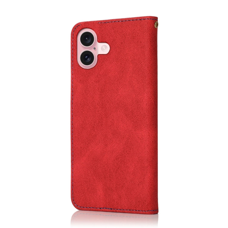 For iPhone 16 Plus Dual-color Stitching Leather Phone Case(Red Blue)