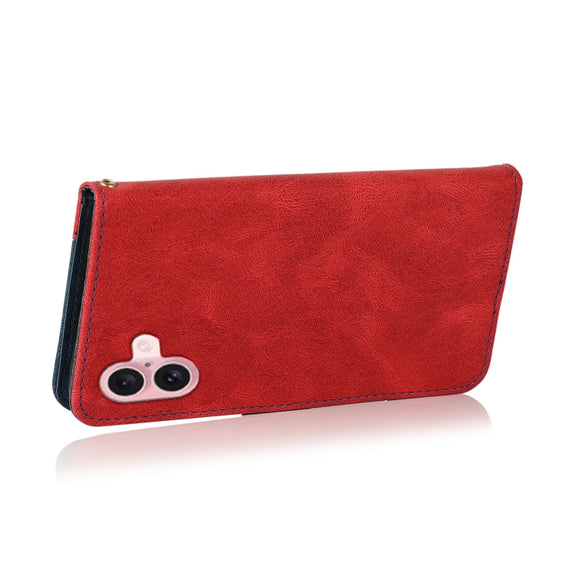 For iPhone 16 Plus Dual-color Stitching Leather Phone Case(Red Blue)
