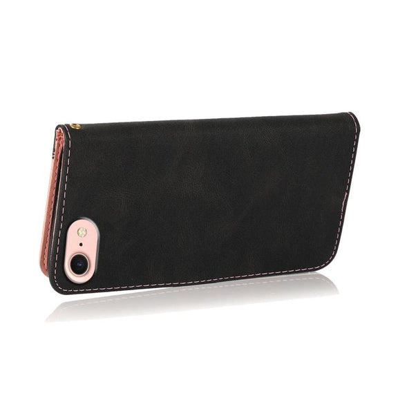 For iPhone 16e Dual-color Stitching Leather Phone Case(Black Rose Gold)