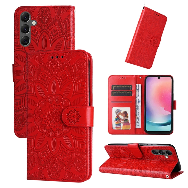 For Samsung Galaxy A25 5G Global Embossed Sunflower Leather Phone Case(Red)