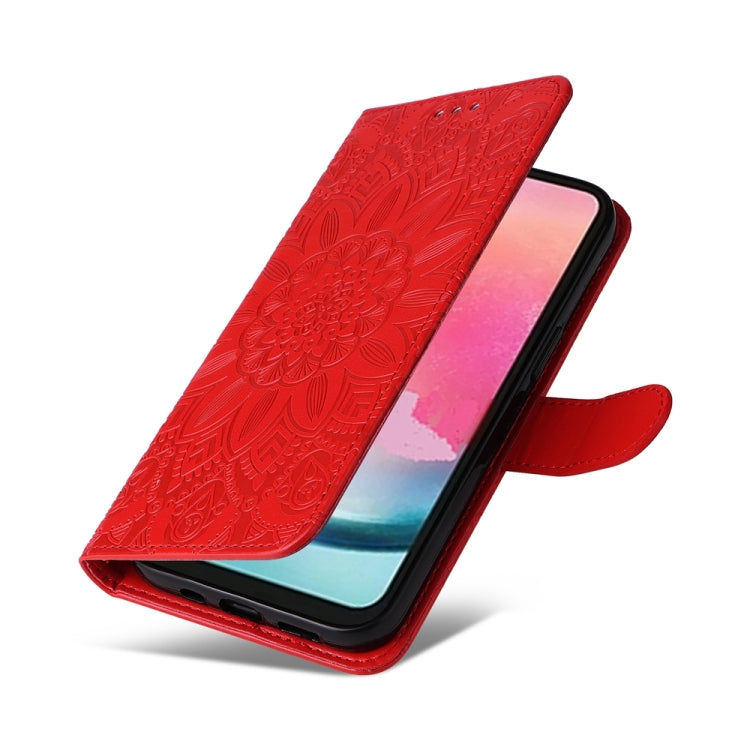 For Samsung Galaxy A25 5G Global Embossed Sunflower Leather Phone Case(Red)