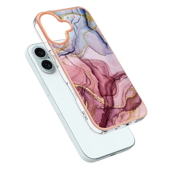 For iPhone 16 Electroplating Marble Dual-side IMD Phone Case(Rose Red 014)