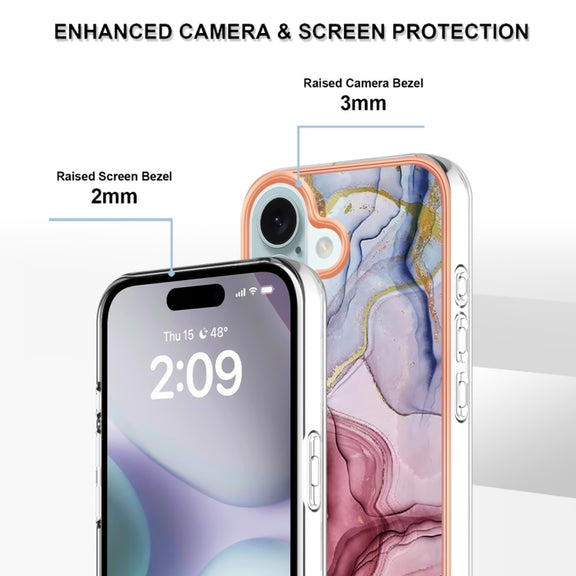 For iPhone 16 Electroplating Marble Dual-side IMD Phone Case(Rose Red 014)