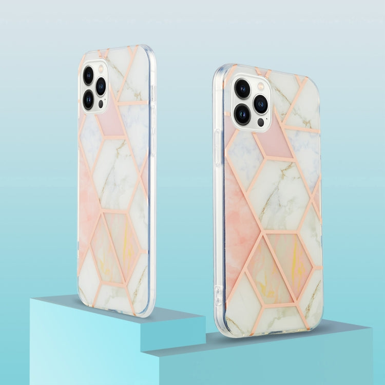 For iPhone 16 Pro Max Electroplating Splicing Marble Flower Pattern Dual-side IMD TPU Shockproof Phone Case(Pink White)