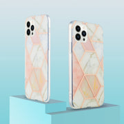 For iPhone 16 Pro Max Electroplating Splicing Marble Flower Pattern Dual-side IMD TPU Shockproof Phone Case(Pink White)
