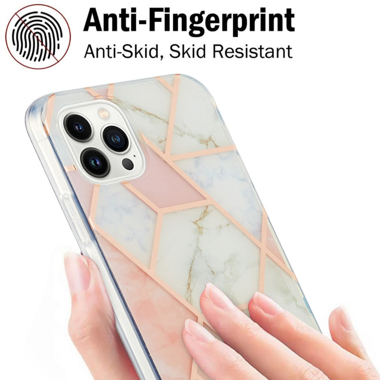For iPhone 16 Pro Electroplating Splicing Marble Flower Pattern Dual-side IMD TPU Shockproof Phone Case(Pink White)
