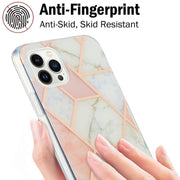 For iPhone 16 Pro Electroplating Splicing Marble Flower Pattern Dual-side IMD TPU Shockproof Phone Case(Pink White)