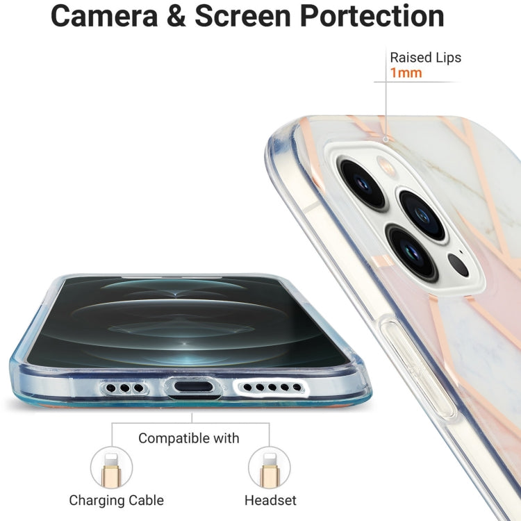 For iPhone 16 Pro Electroplating Splicing Marble Flower Pattern Dual-side IMD TPU Shockproof Phone Case(Pink White)