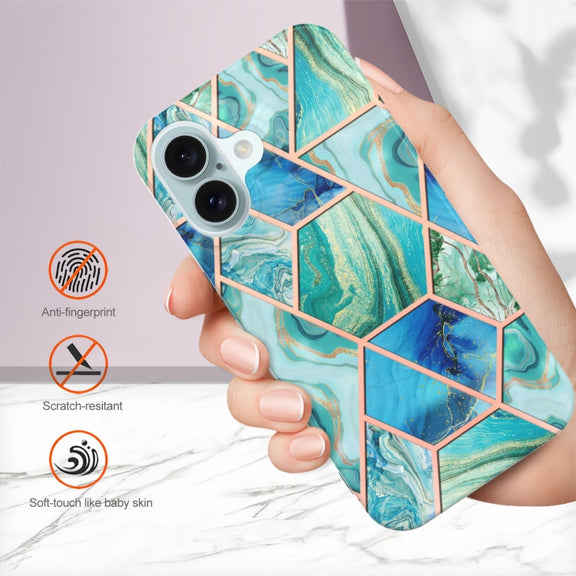 For iPhone 16 Plus Electroplating Splicing Marble Flower Pattern Dual-side IMD TPU Shockproof Phone Case(Green)