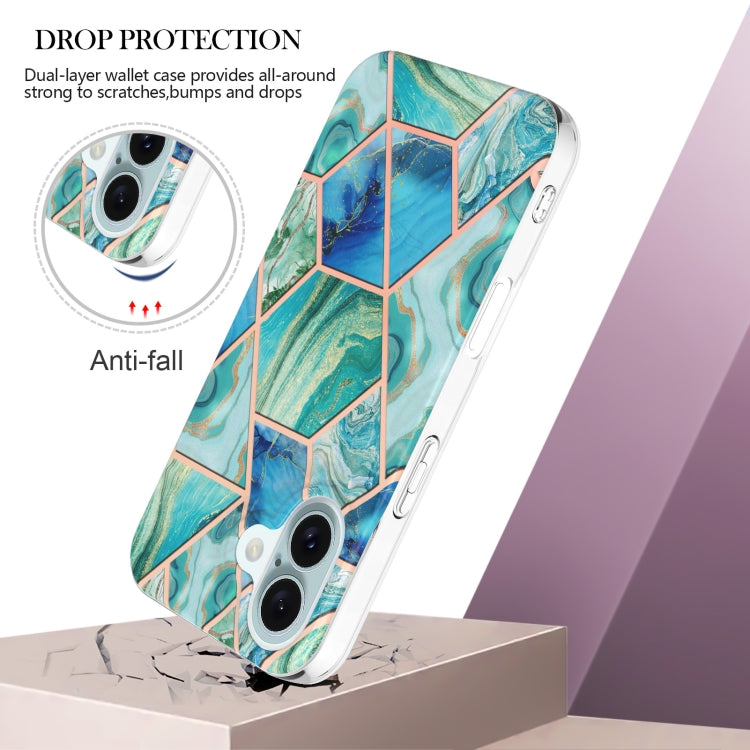 For iPhone 16 Plus Electroplating Splicing Marble Flower Pattern Dual-side IMD TPU Shockproof Phone Case(Green)