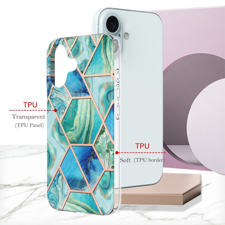 For iPhone 16 Plus Electroplating Splicing Marble Flower Pattern Dual-side IMD TPU Shockproof Phone Case(Green)