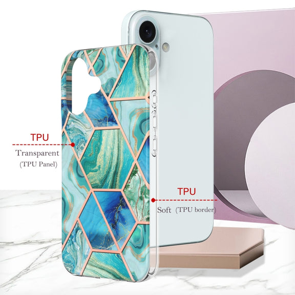 For iPhone 16 Plus Electroplating Splicing Marble Flower Pattern Dual-side IMD TPU Shockproof Phone Case(Green)