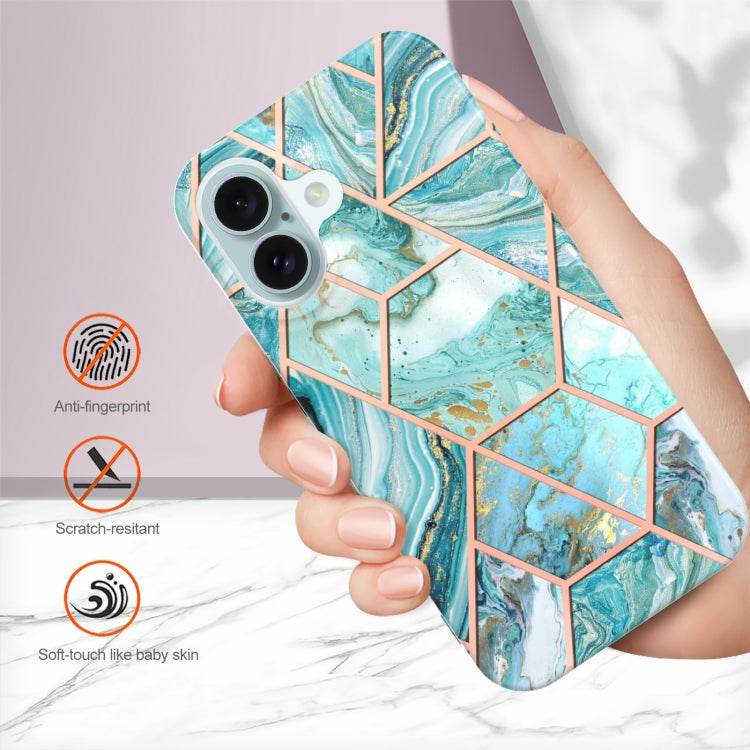 For iPhone 16 Electroplating Splicing Marble Flower Pattern Dual-side IMD TPU Shockproof Phone Case(Green)