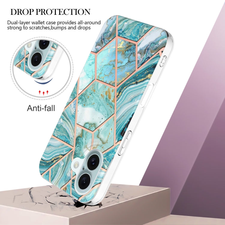 For iPhone 16 Electroplating Splicing Marble Flower Pattern Dual-side IMD TPU Shockproof Phone Case(Green)
