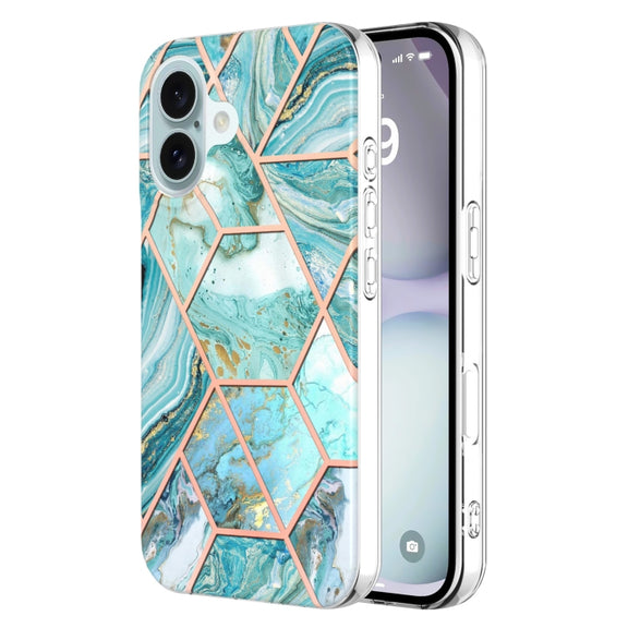 For iPhone 16 Electroplating Splicing Marble Flower Pattern Dual-side IMD TPU Shockproof Phone Case(Green)