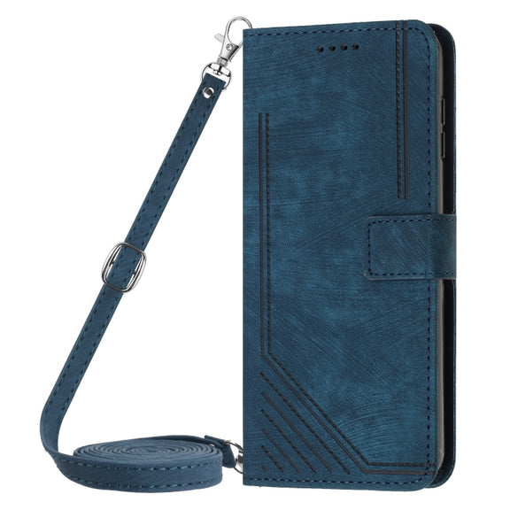 For Samsung Galaxy S24 Ultra Skin Feel Stripe Pattern Leather Phone Case with Long Lanyard(Blue)