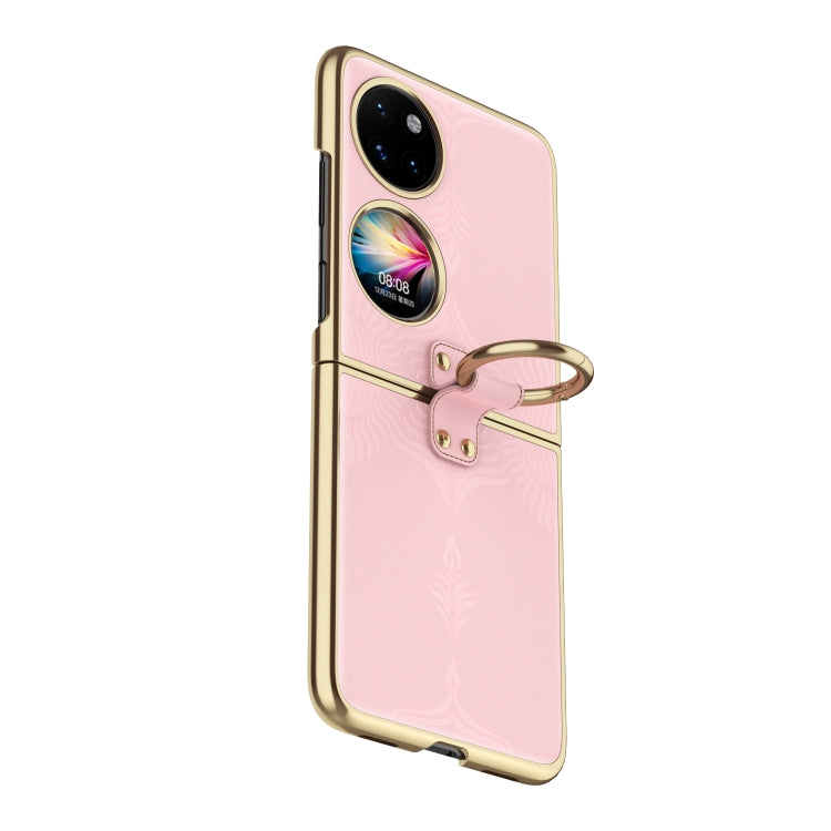 For Huawei P50 Pocket Electroplated Embossed Leather Phone Case with Ring(Pink)