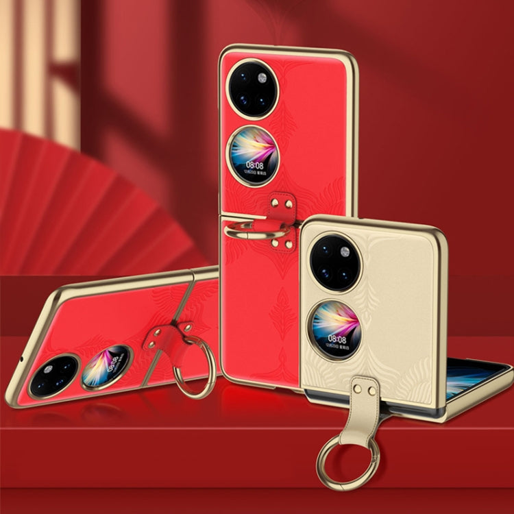 For Huawei P50 Pocket Electroplated Embossed Leather Phone Case with Ring(Red)
