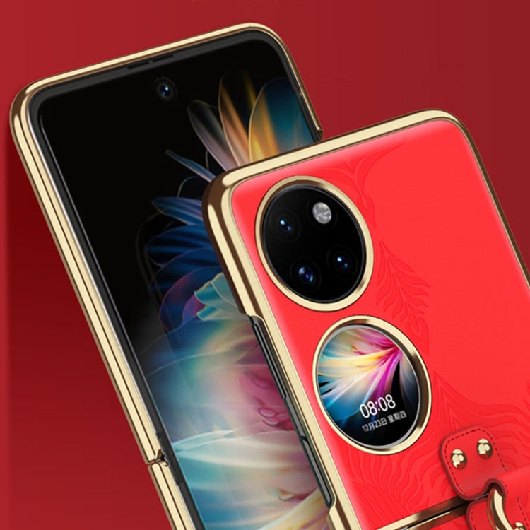 For Huawei P50 Pocket Electroplated Embossed Leather Phone Case with Ring(Red)