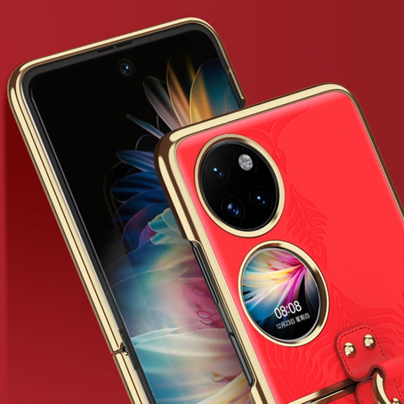 For Huawei P50 Pocket Electroplated Embossed Leather Phone Case with Ring(Red)