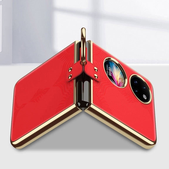 For Huawei P50 Pocket Electroplated Embossed Leather Phone Case with Ring(Red)
