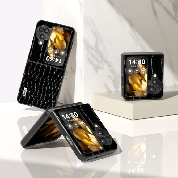 For OPPO Find N3 Flip ABEEL Genuine Leather Crocodile Pattern Black Edge Phone Case(Black)