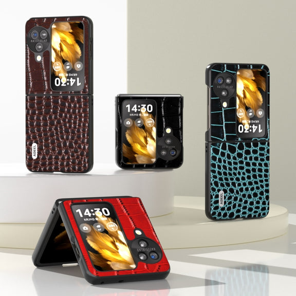 For OPPO Find N3 Flip ABEEL Genuine Leather Crocodile Pattern Black Edge Phone Case(Black)