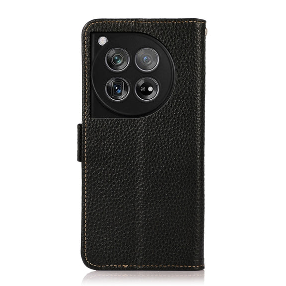 For OnePlus 12 KHAZNEH Side-Magnetic Litchi Genuine Leather RFID Phone Case(Black)