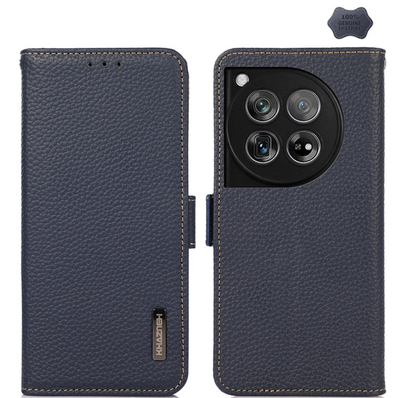 For OnePlus 12 KHAZNEH Side-Magnetic Litchi Genuine Leather RFID Phone Case(Blue)