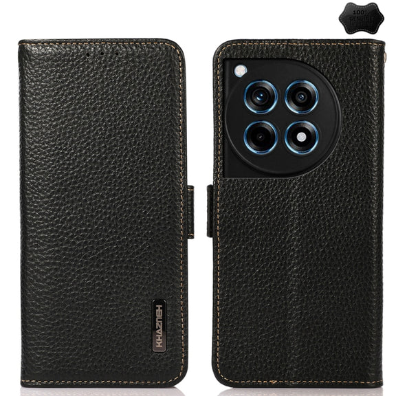 For OnePlus 12R KHAZNEH Side-Magnetic Litchi Genuine Leather RFID Phone Case(Black)