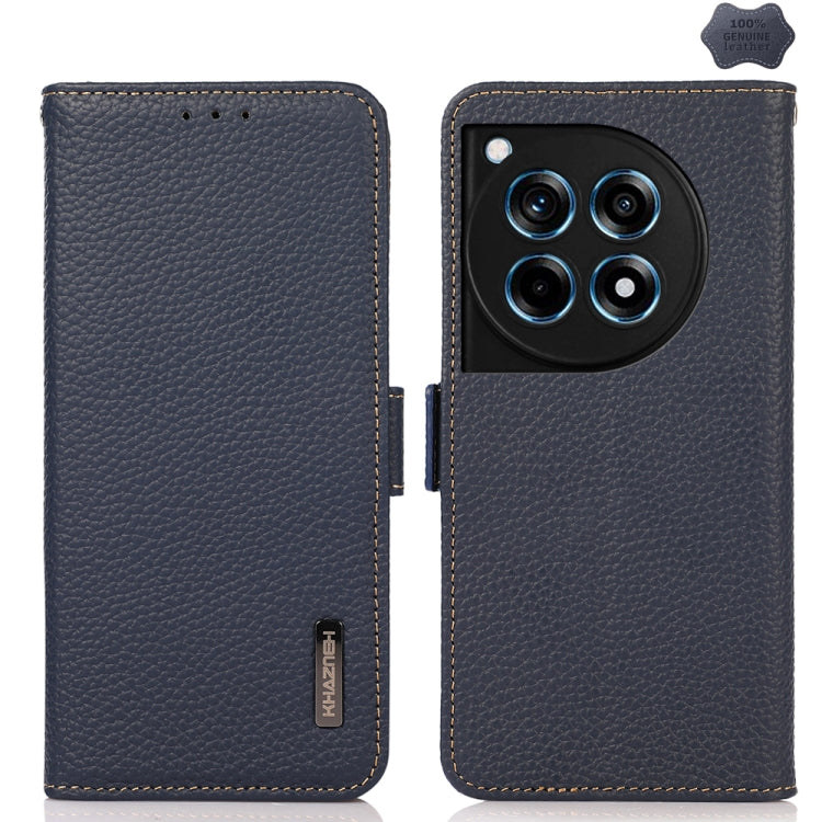 For OnePlus 12R KHAZNEH Side-Magnetic Litchi Genuine Leather RFID Phone Case(Blue)