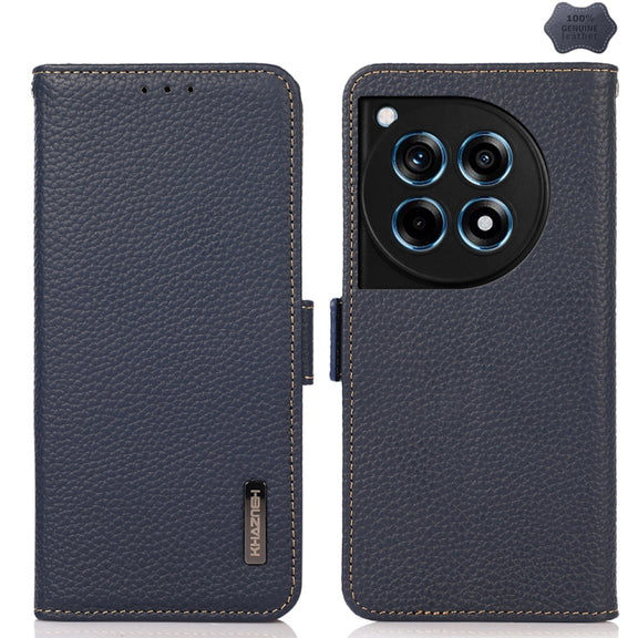 For OnePlus 12R KHAZNEH Side-Magnetic Litchi Genuine Leather RFID Phone Case(Blue)