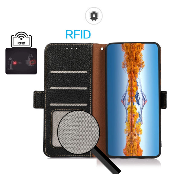 For OnePlus CE4 Lite KHAZNEH Side-Magnetic Litchi Genuine Leather RFID Phone Case(Black)