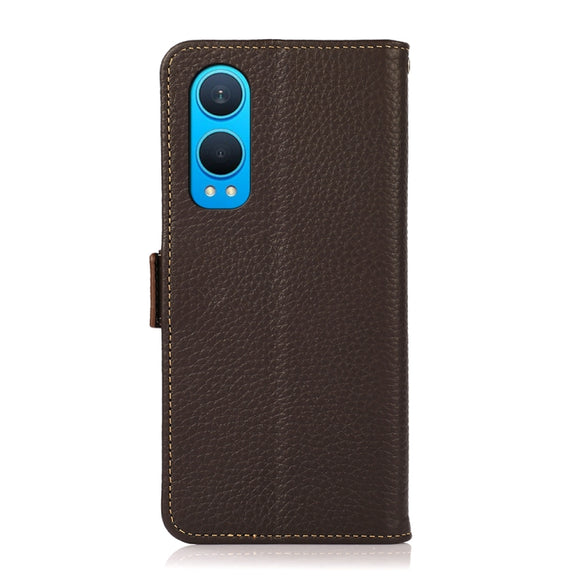 For OnePlus CE4 Lite KHAZNEH Side-Magnetic Litchi Genuine Leather RFID Phone Case(Brown)